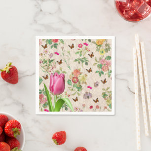 Paper Napkins, Pink Tulip Floral Hearts Butterfly Napkin