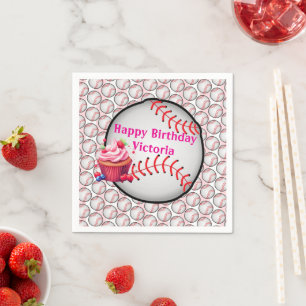 Paper Napkins Pink White Stripe Birthday Baseball