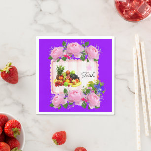 Paper Napkins, Purple Fruit Pink Roses Floral Napkin