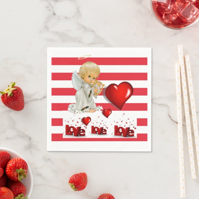 Paper Napkins, Red & White Stripe Baby Angel Napkin (Insitu)