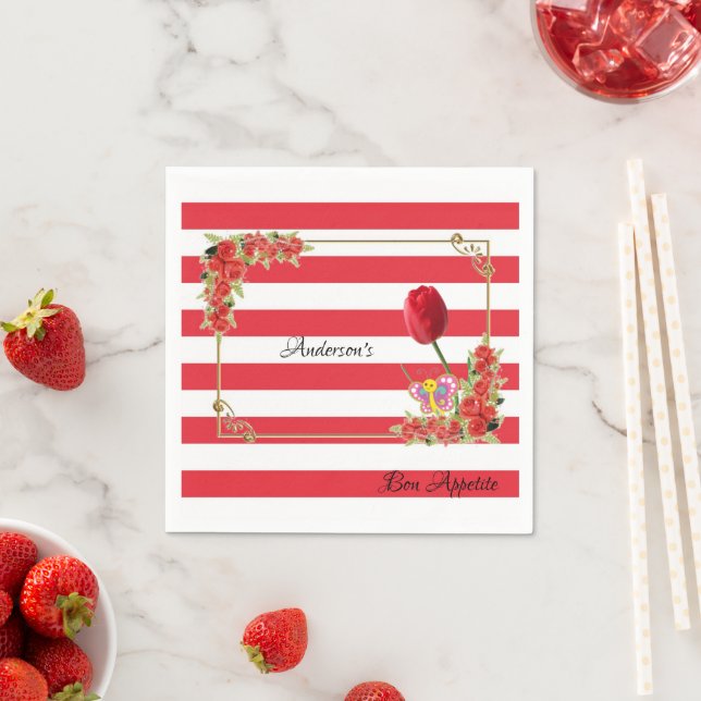 Paper Napkins, Red & White Stripe Floral Napkin (Insitu)