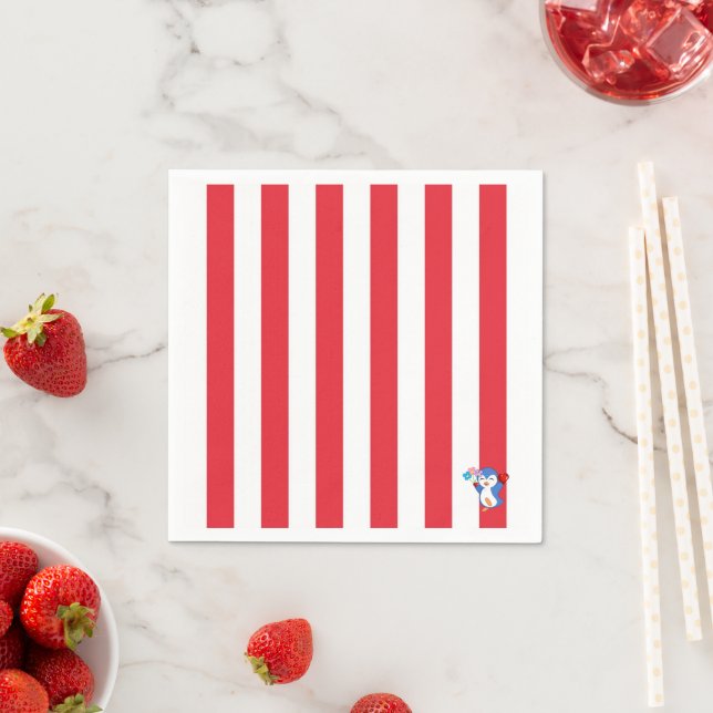Paper Napkins, Red & White Stripe Penguin Napkin (Insitu)