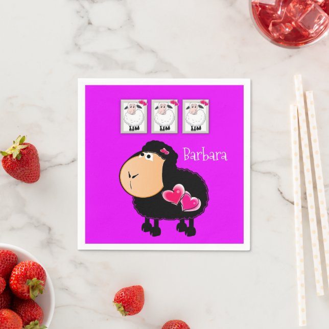 Paper Napkins, Sheep Pink Hearts Purple Napkin (Insitu)