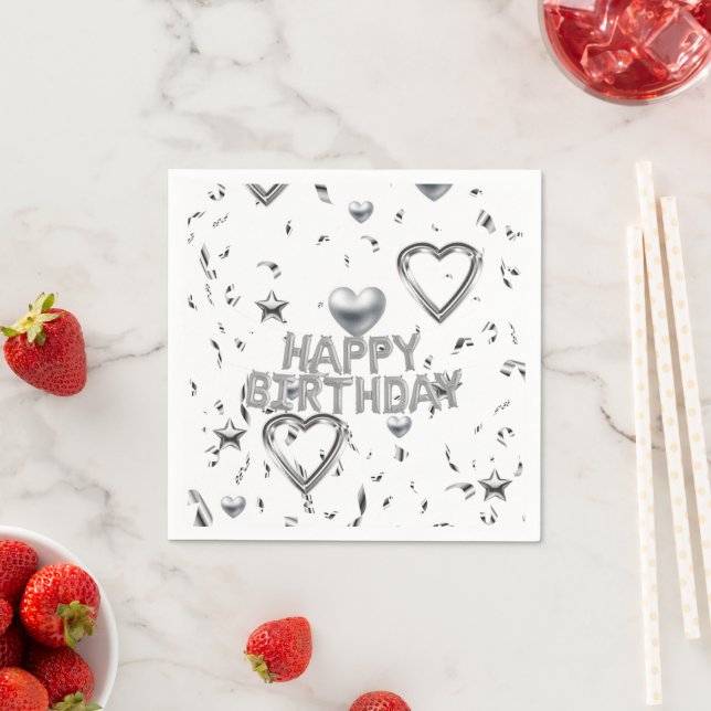 Paper Napkins, Silver Hearts Happy Birthday Napkin (Insitu)