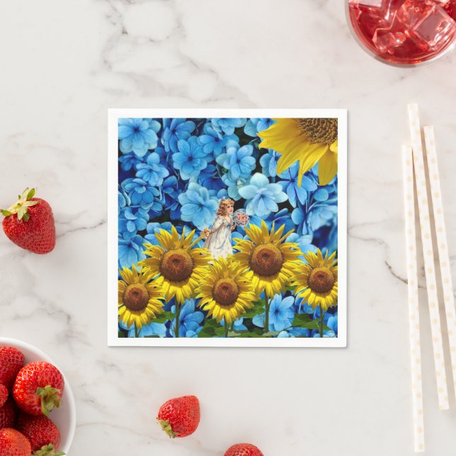 Paper Napkins, Sunflower Angel Blue Black Floral Napkin (Insitu)