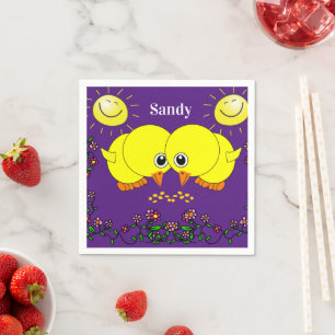 Paper Napkins, Yellow Chicks Floral Purple Sun Napkin