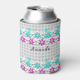 Paper neon flowers on a grey-white chequered can cooler