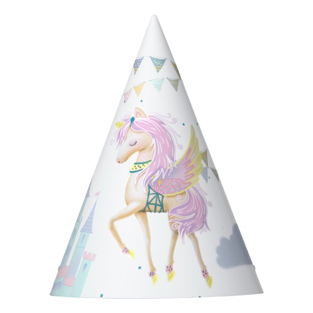 Paper Party Hats feature a cute unicorn. (Front)
