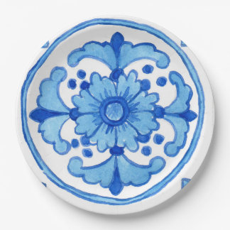 Paper party plate with ceramic tile design P1-blue