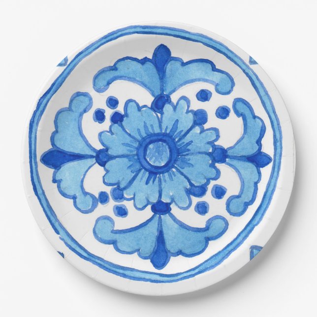 Paper party plate with ceramic tile design P1-blue (Front)