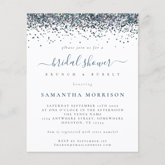 PAPER Peacock Blue Glitter Bridal Shower Invite (Front)