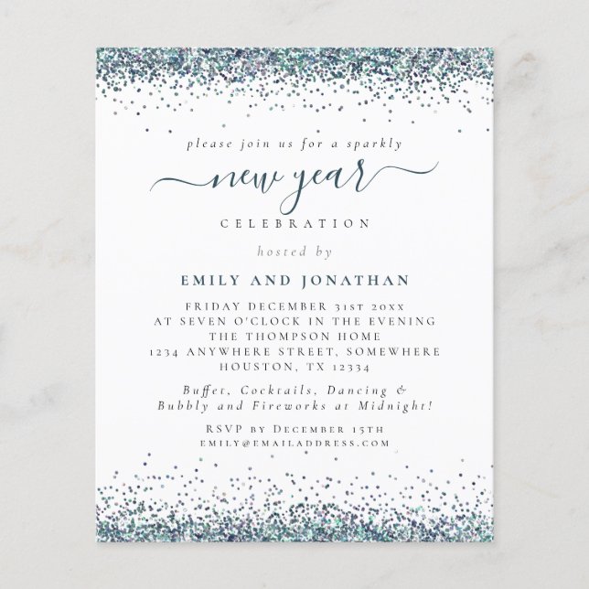 PAPER | Peacock Blue Glitter New Years Eve Invite (Front)