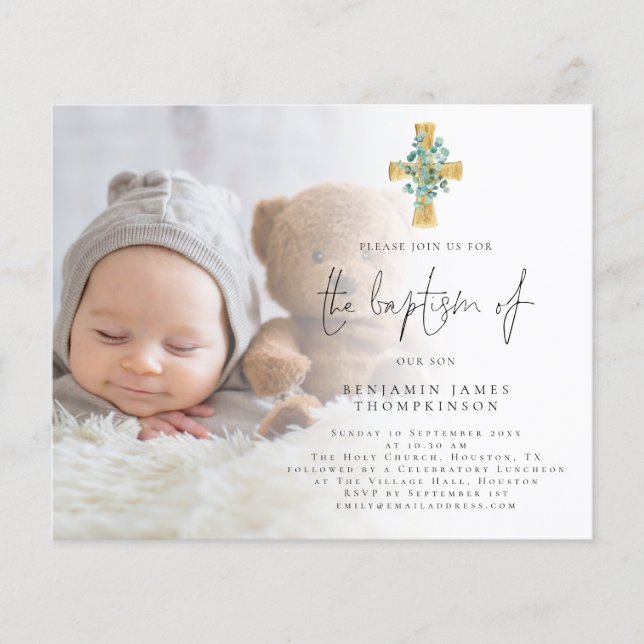 PAPER | Photo Eucalyptus Cross Baptism Invite (Front)