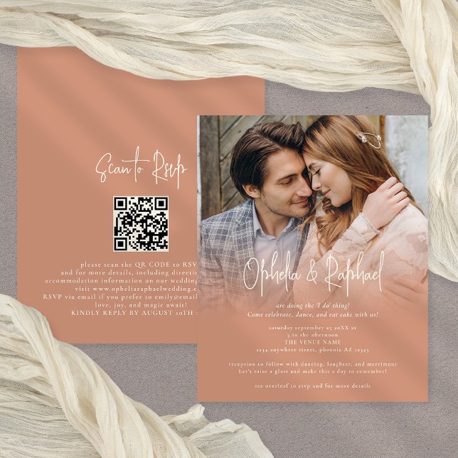 PAPER Photo QR Boho Terracotta wedding Invite (GReat value thin PAPER alternative, front and back view)