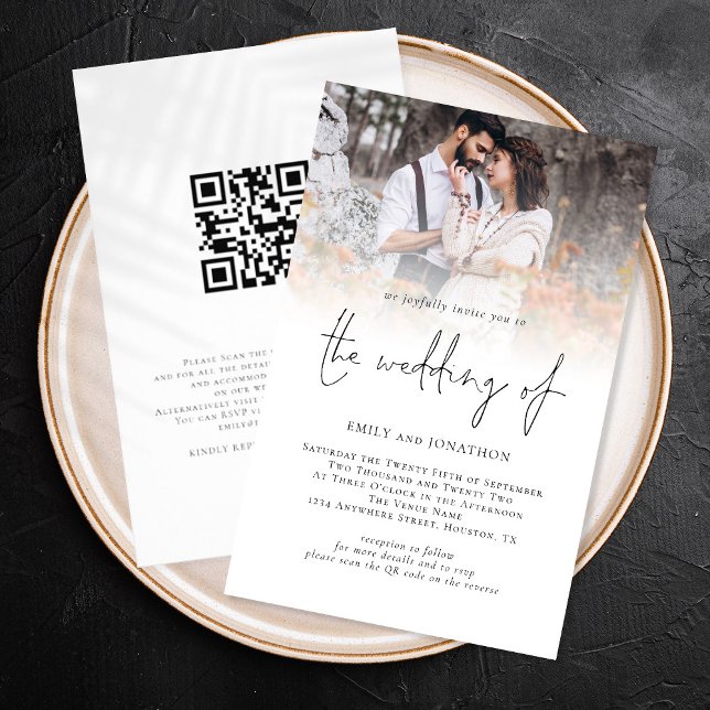 PAPER Photo QR Code Script Wedding Invitation (Front and back view. Larger size budget price alternative)