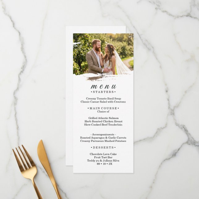 Paper photo wedding menu rack card (Front/Back In Situ)