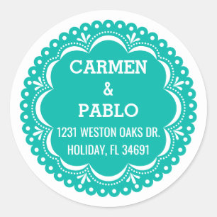 Paper Picado Colourful Mexican Wedding Address Classic Round Sticker
