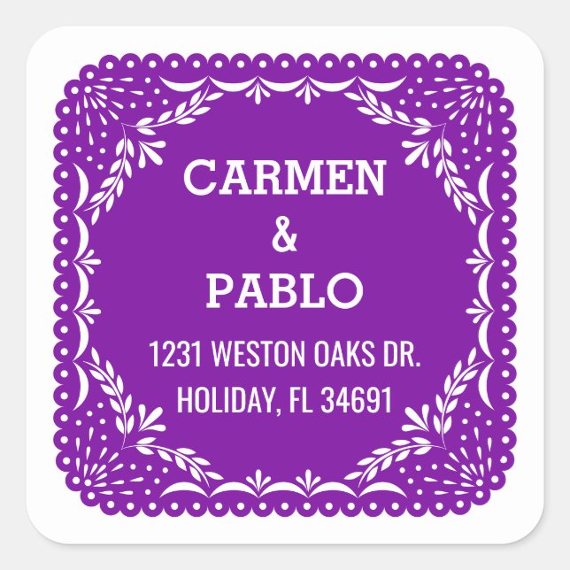 Paper Picado Colourful Mexican Wedding Address Square Sticker (Front)