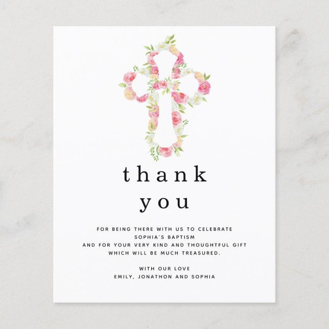 PAPER | Pink Florals Cross Baptism Thank you (Front)