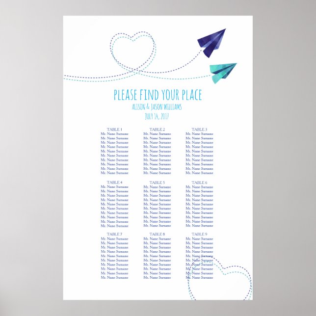 Paper plane watercolor dinner seating chart (Front)
