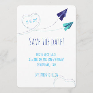 Paper plane watercolor save the date card