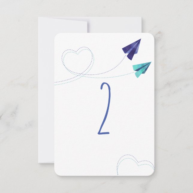 Paper plane watercolor table numer card (Front)