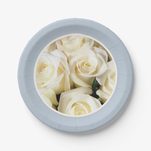 Paper Plate-Blue  Fog CoIored with Ivory Roses Paper Plate (Front)