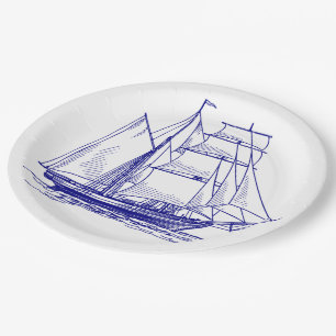 Paper plate Blue sail boat ship nautical