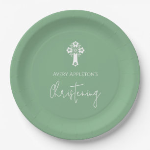 Paper Plate Floral Cross Christening Sage Green