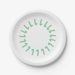 Paper Plate - Green Candy Canes on White