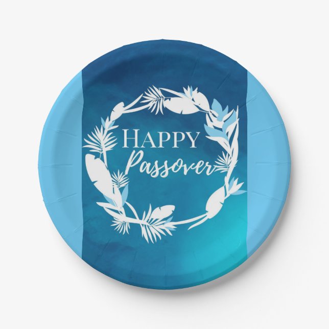 Paper Plate Happy Passover Blue Brown Wreath Flora (Front)