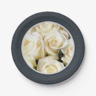 Paper Plate-Steel Blue CoIor with Ivory Roses Plate