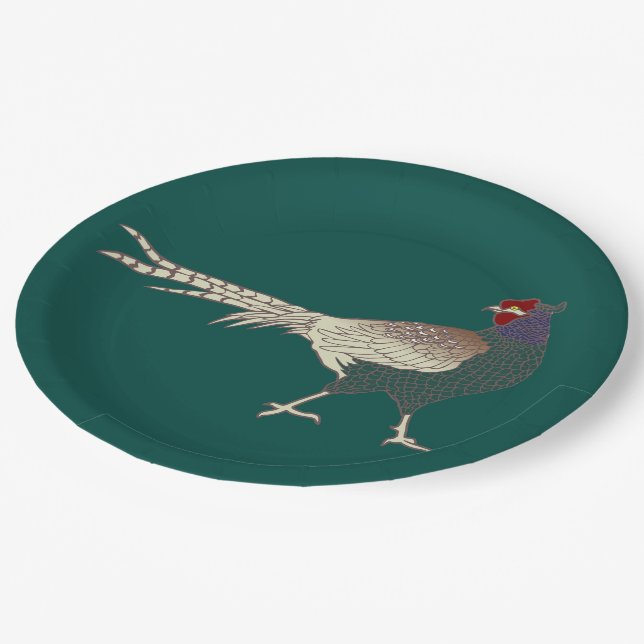 Paper plate vintage retro Pheasant bird turquoise (Angled)