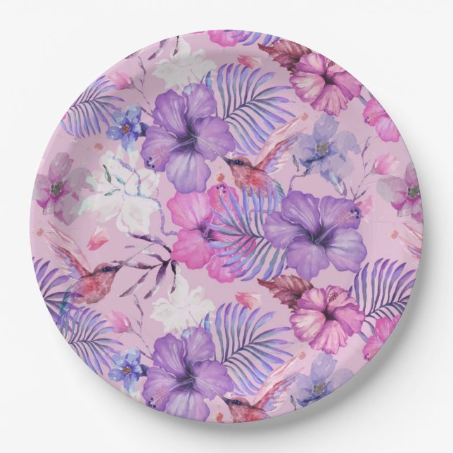 PAPER PLATE :  WATERCOLOUR HIBISCUS & HUMMINGBIRDS (Front)