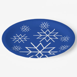 Paper Plate -White Snowflakes on Blue