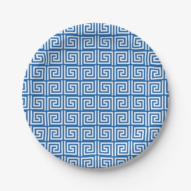 Paper plate with blue & white Greek Key design (Front)