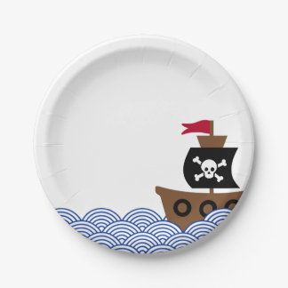 Paper plate with pirate ship & blue & white circle