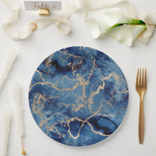 Paper Plates 22,9 cm - Blue & Gold Pattern