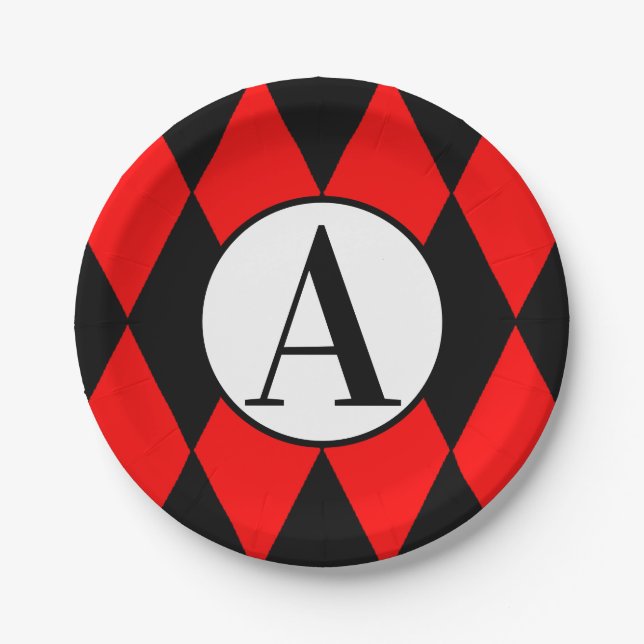 Paper Plates 7" RED & BLACK HARLEQUIN & INITIAL (Front)