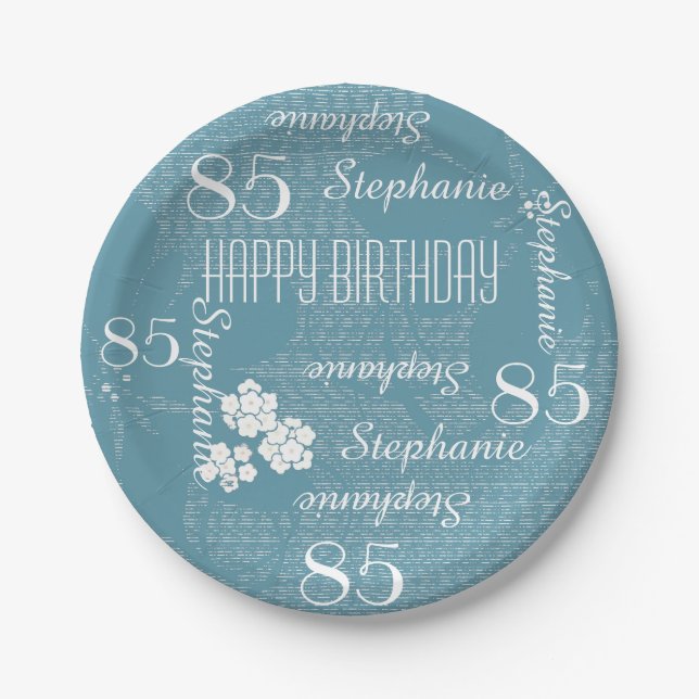 Paper Plates, 85th Birthday Party Blue Floral Paper Plate (Front)