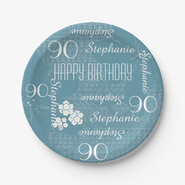 Paper Plates, 90th Birthday Party Blue Floral Plate (Front)