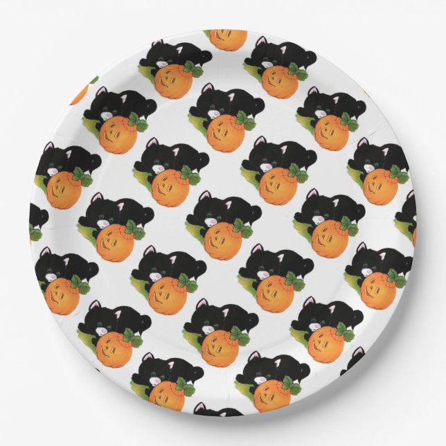 Paper Plates 9"/Black Cat and Pumpkin (Front)