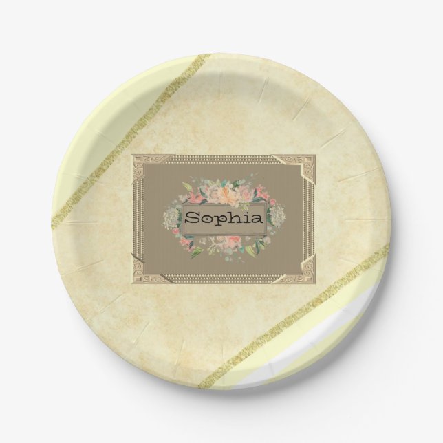 Paper Plates, Beige Gold Stripe Floral Monogram Plate (Front)
