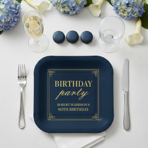 Paper Plates Birthday Party Navy & Gold 80th