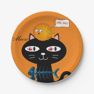 Paper Plates, Black Cat Fish Bones Orange Meow Plate