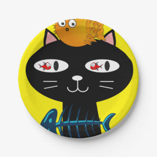 Paper Plates, Black Cat Kitten Fish Bones Yellow Plate