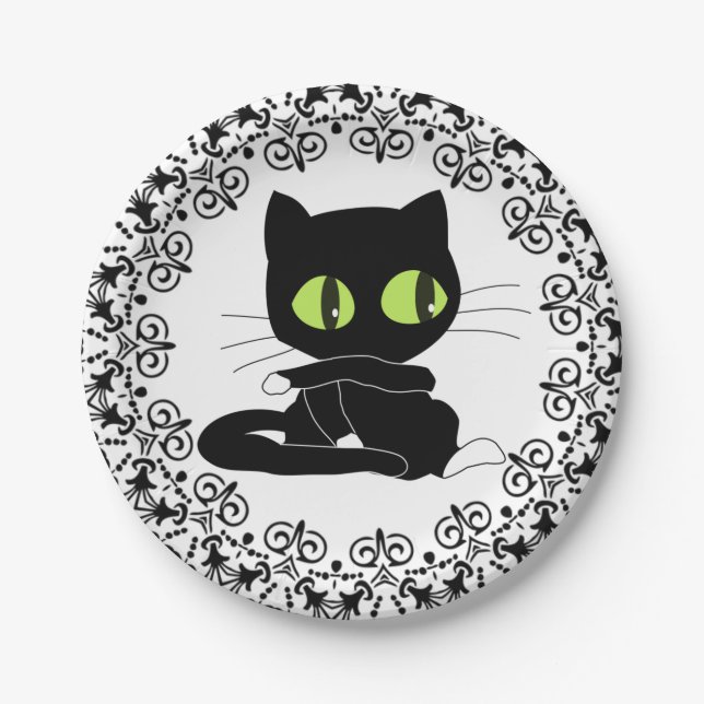 Paper Plates, Black Floral Black Cat Plate (Front)