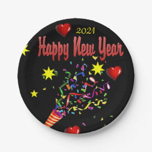 Paper Plates, Black Happy New Year 2021 Plate