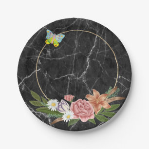 Paper Plates, Black Marble ButterflyFloral Flowers Paper Plate