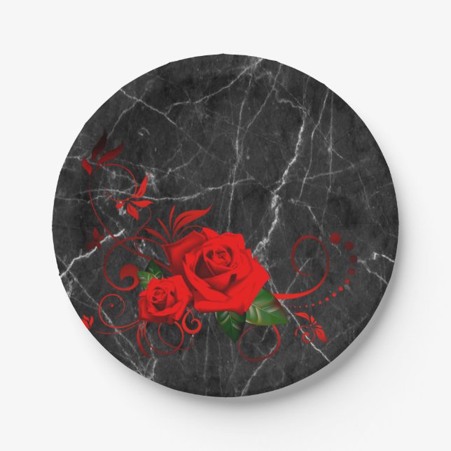 Paper Plates, Black Marble Red Rose Floral Paper Plate (Front)